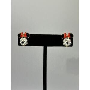 Gold Tone Mouse Head Rhinestone Bow Stud Earrings Pierced